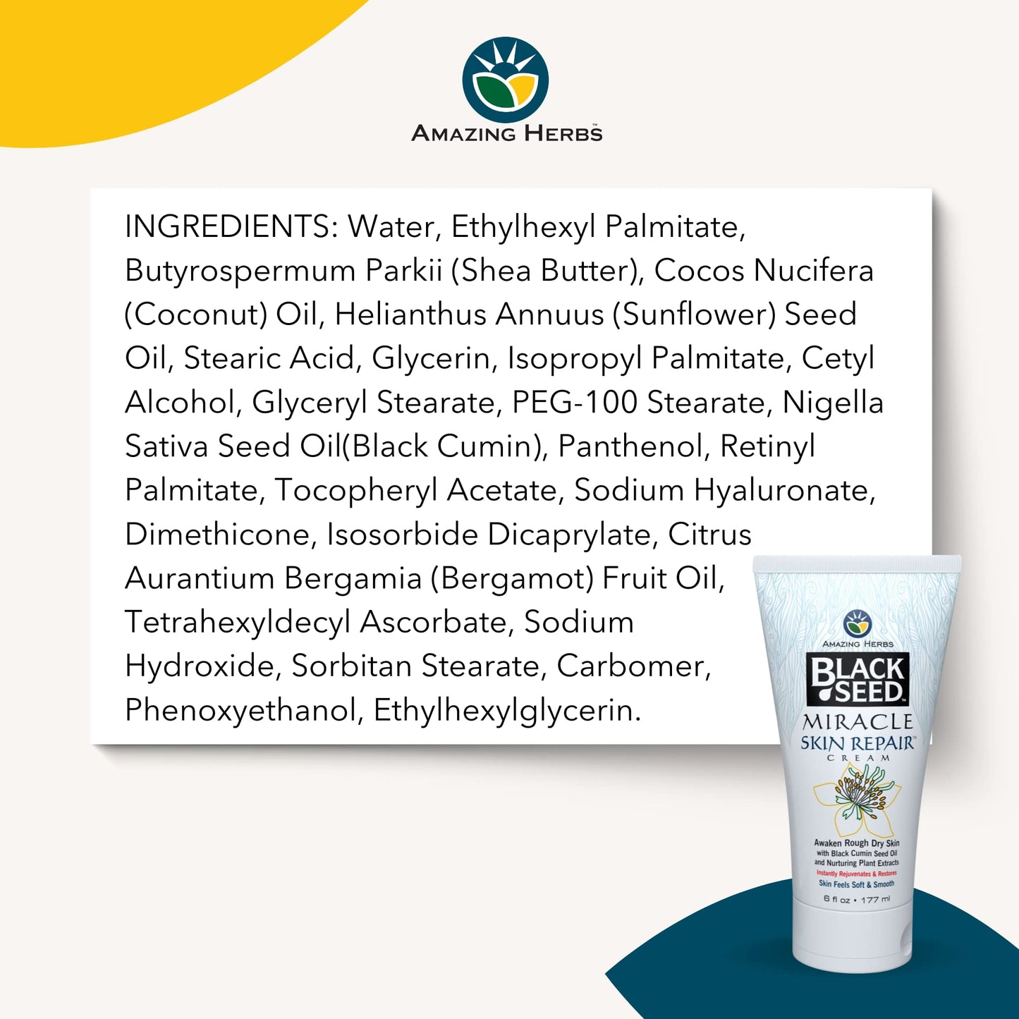 Amazing Herbs Black Seed Miracle Skin Repair Cream - Non-Allergenic Formula, Black Cumin Seed Oil, Vitamin E, and Other Essential Oils Support Collagen & Elastin Production - 6 Fl Oz