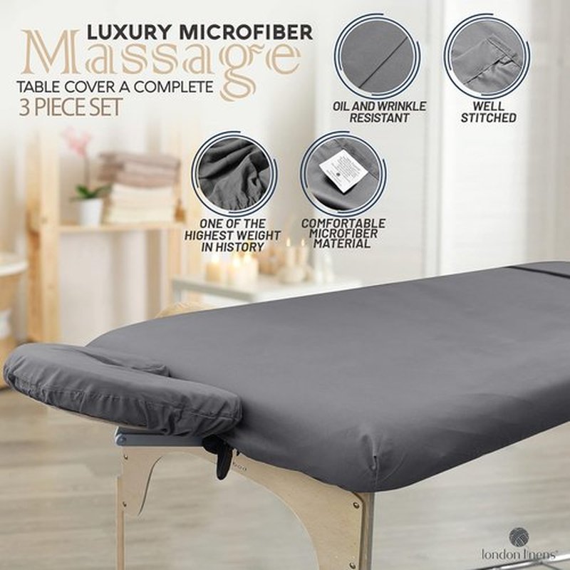 LONDON LINENS Soft Microfiber Massage Table Sheets Set 3 Piece Set - Includes Massage Table Cover, Massage Fitted Sheet, and Massage Face Rest Cover (Grey) Pack of 2