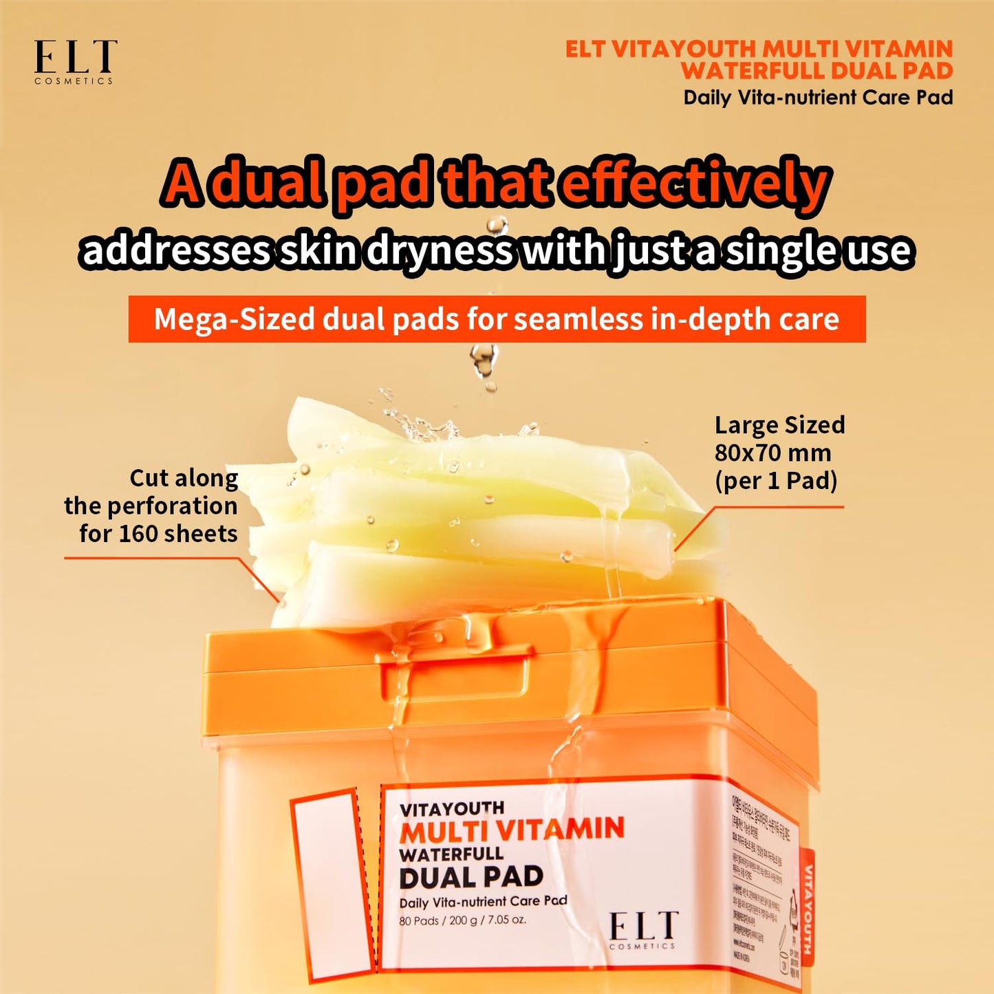 ELT Multi Vitamin Mega Dual Sized Toner Pads - 100% Vegan Certified with Niacinamide for Uneven Skin Tone - Cleansing & Deep Hydrating Dual Sided Toner Pads - Korean Skin Care, 80 Pads, Eltcosmetics