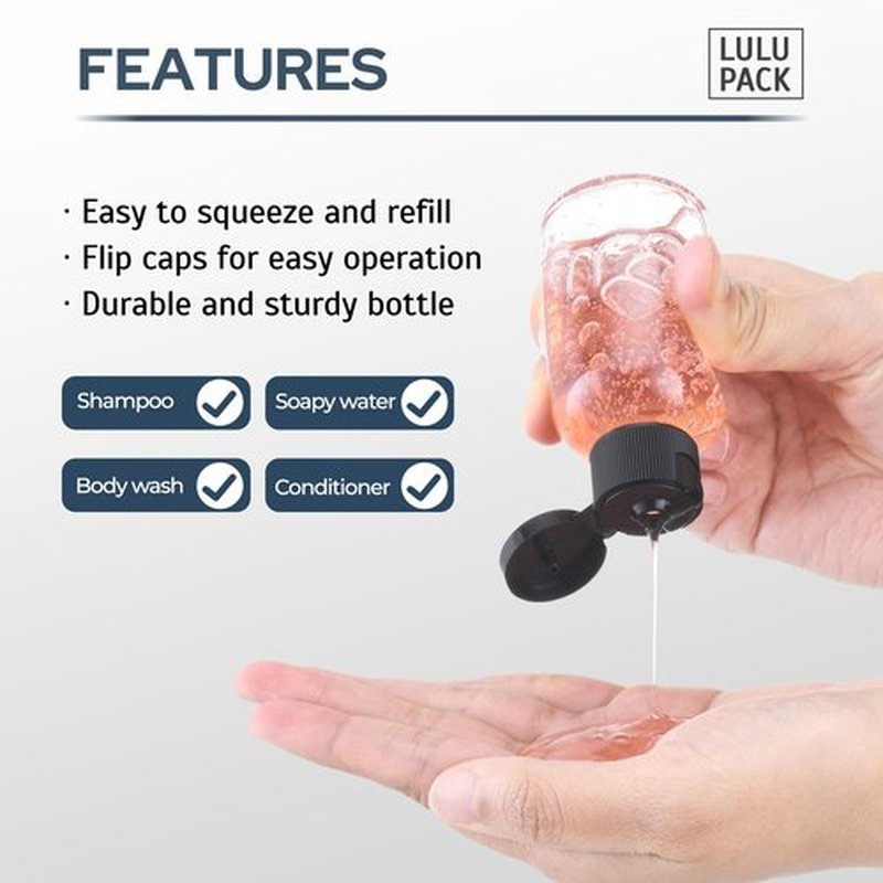 Lulupack Travel Bottles for Toiletries, 50ml/1.6oz Plastic Small Travel Size Containers for Shampoo (9pcs, Black Caps)