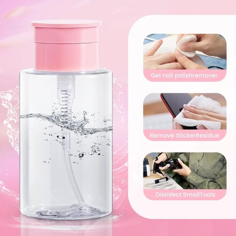 Push Down Pump Dispenser Bottles: Refillable Liquid Containers for Alcohol, Nail Polish Makeup Remover, Salon, Hospital, Travel Use, Pink+Clear