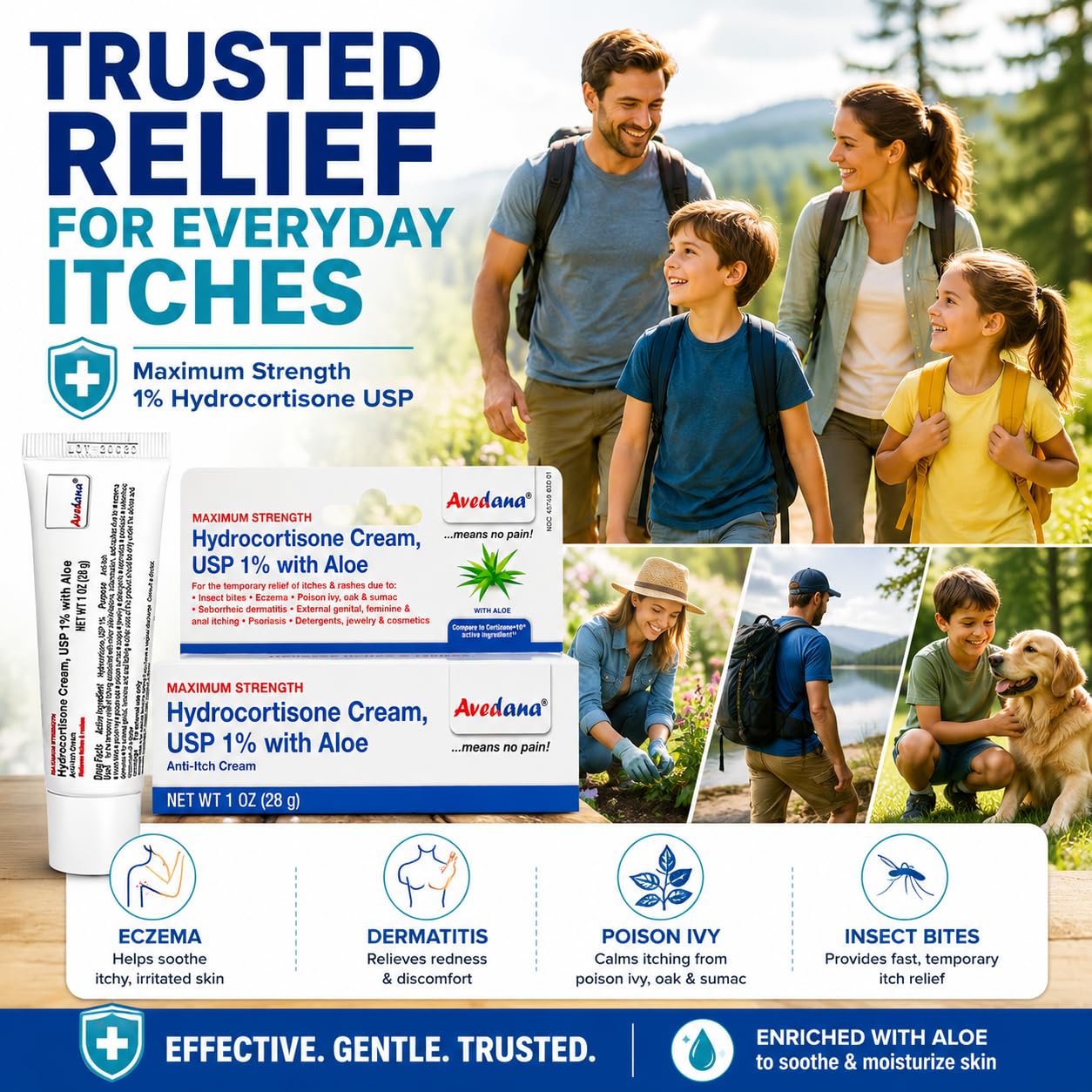 Avedana Hydrocortisone Cream 1% USP Maximum Strength Anti-Itch Cream with Aloe Vera, Fast Relief for Eczema, Dermatitis, Poison Ivy, Poison Oak, Rashes & Bug Bites, 1 Oz