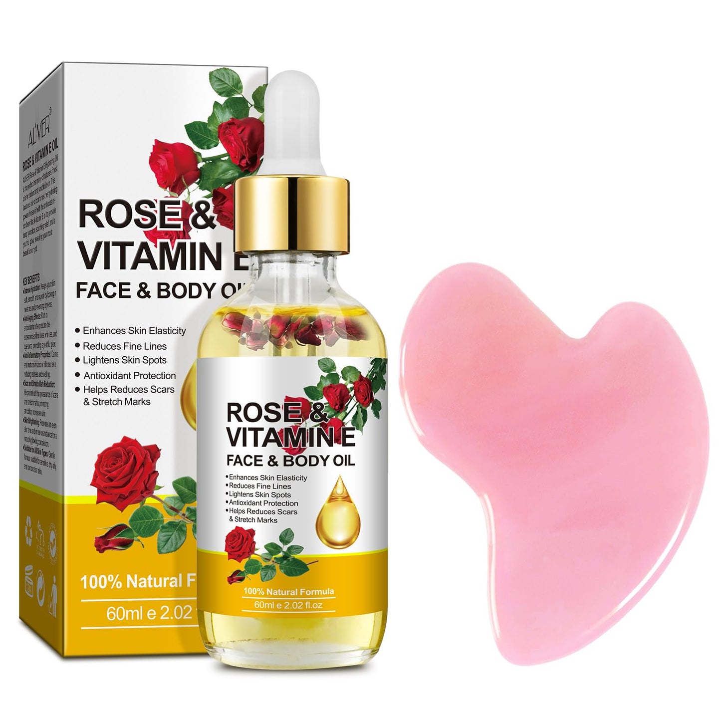 Rose Oil for Face, Vitamin E & Rose Facial Oil with Gua Sha Tool Set, Vitamin E Nourishing Moisturizing Oil for Face & Skin 2 Fl Oz ﻿