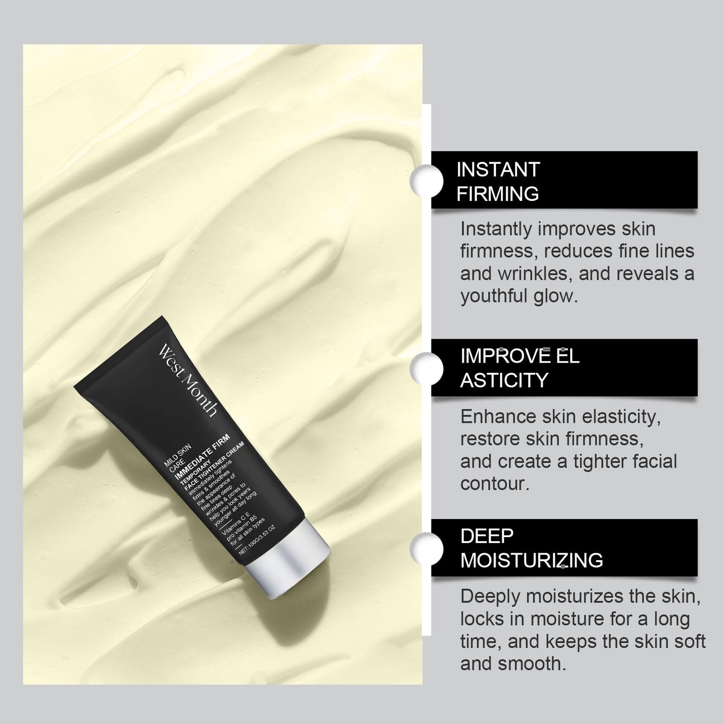Instant Firming Face Cream, Temporary Face Tightener with Deep Moisturizing, Anti-Aging Skin Care for Fine Lines, Wrinkles, 3.53 Oz