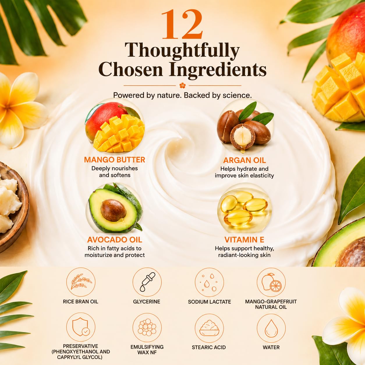 RaGaNaturals Tropical Hand and Body Cream for Dry Skin - Key Notes of Mango Grapefruit Scent - 98% Natural, Vegan, Non Greasy Lotion with Mango Butter, Vitamin E & Avocado Oil for Women and Men - 8 oz