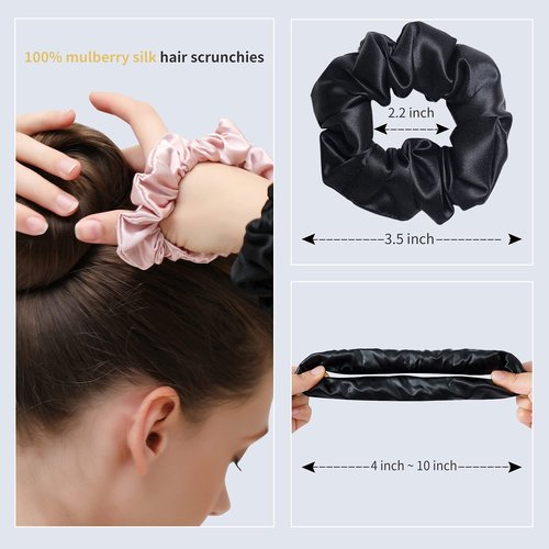 ZIMASILK 100% Mulberry Silk Hair Scrunchies-Standard, Small, Mini-Best For Women and Girls’Hair 19 Momme Elastic Hair Bands for Ponytail Holder Gentle and No hurt (3 Sizes, Black)