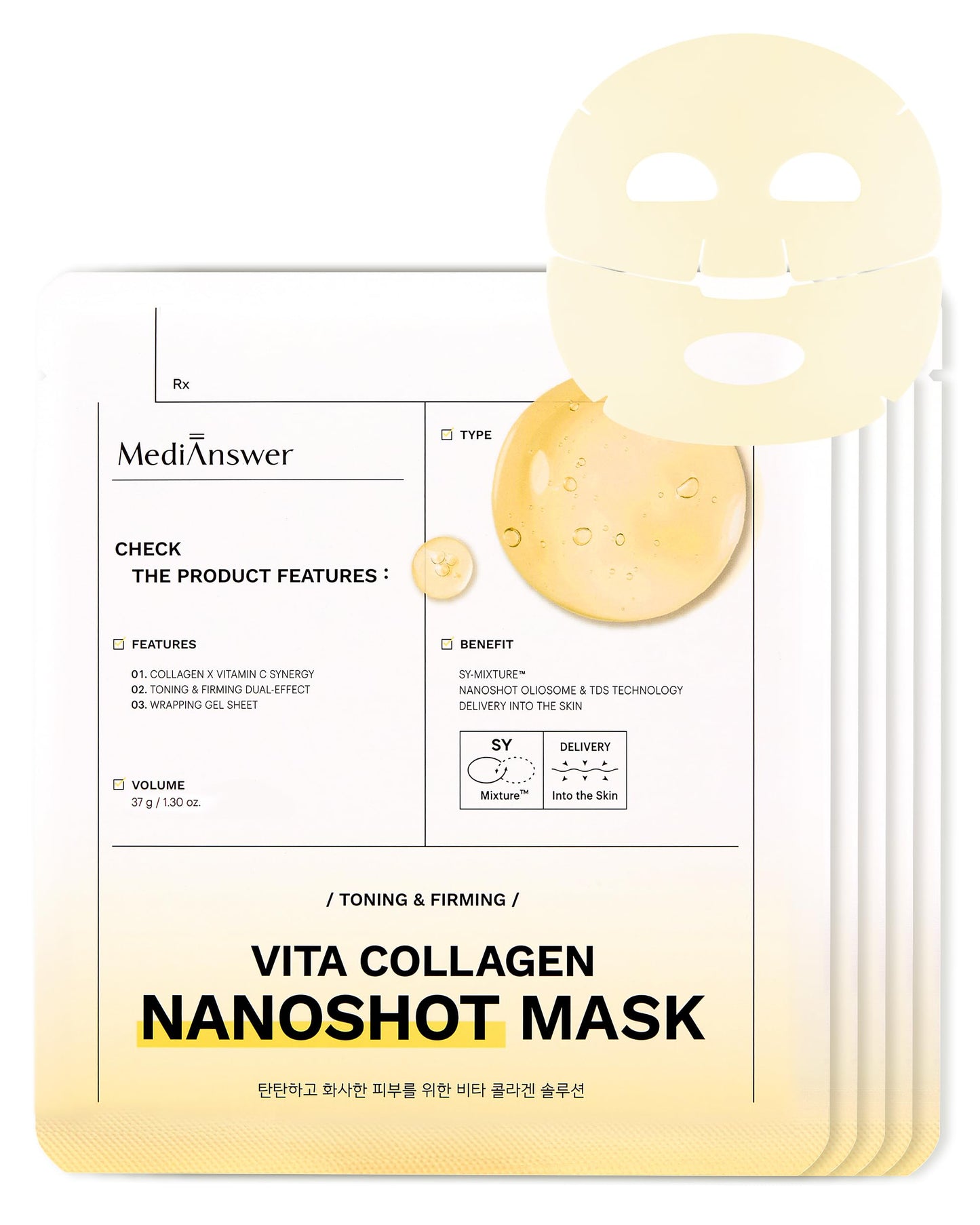 Medianswer Korean Collagen Hydrogel Mask, Turns Clear + Vitamin C, 5 Ct