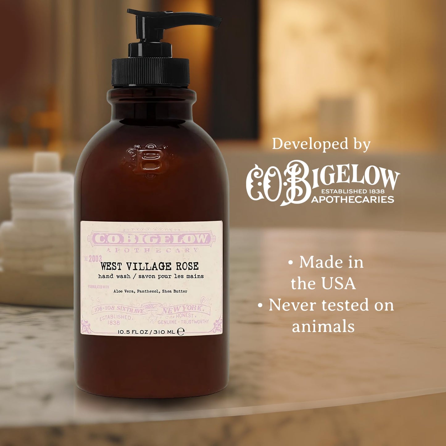C.O. Bigelow West Village Rose Hand Wash, Iconic Collection Liquid Hand Soap with Shea Butter, Glycerin, Aloe Vera, 10.5 Fl Oz