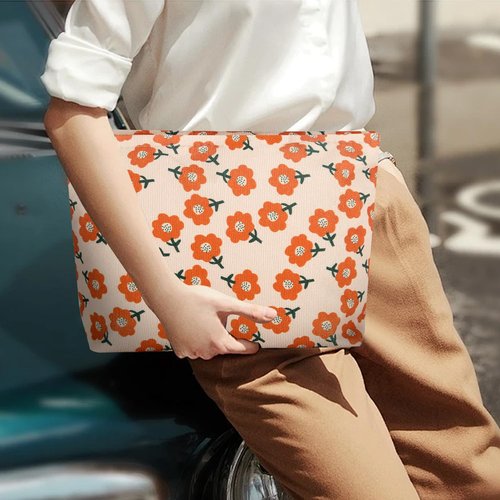 Wudimeitt Cosmetic bag Makeup bag Preppy Cute Corduroy Toiletry bag for women travel essentials (Flower orange)