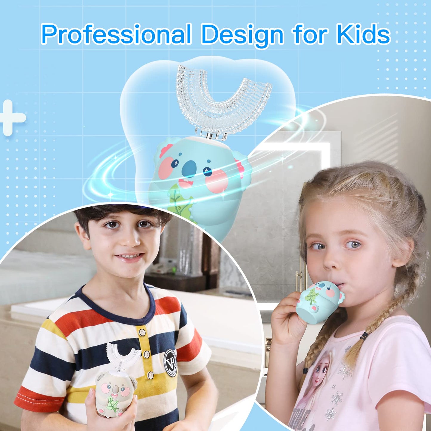 ELOTAME Cartoon Kids U Shaped Electric Toothbrush with 4 Brush Heads,Full Mouth 360-Degree Cleaning Sonic Automatic Toothbrush with IPX7 Waterproof (8-15 Age Blue Koala Without Cup)
