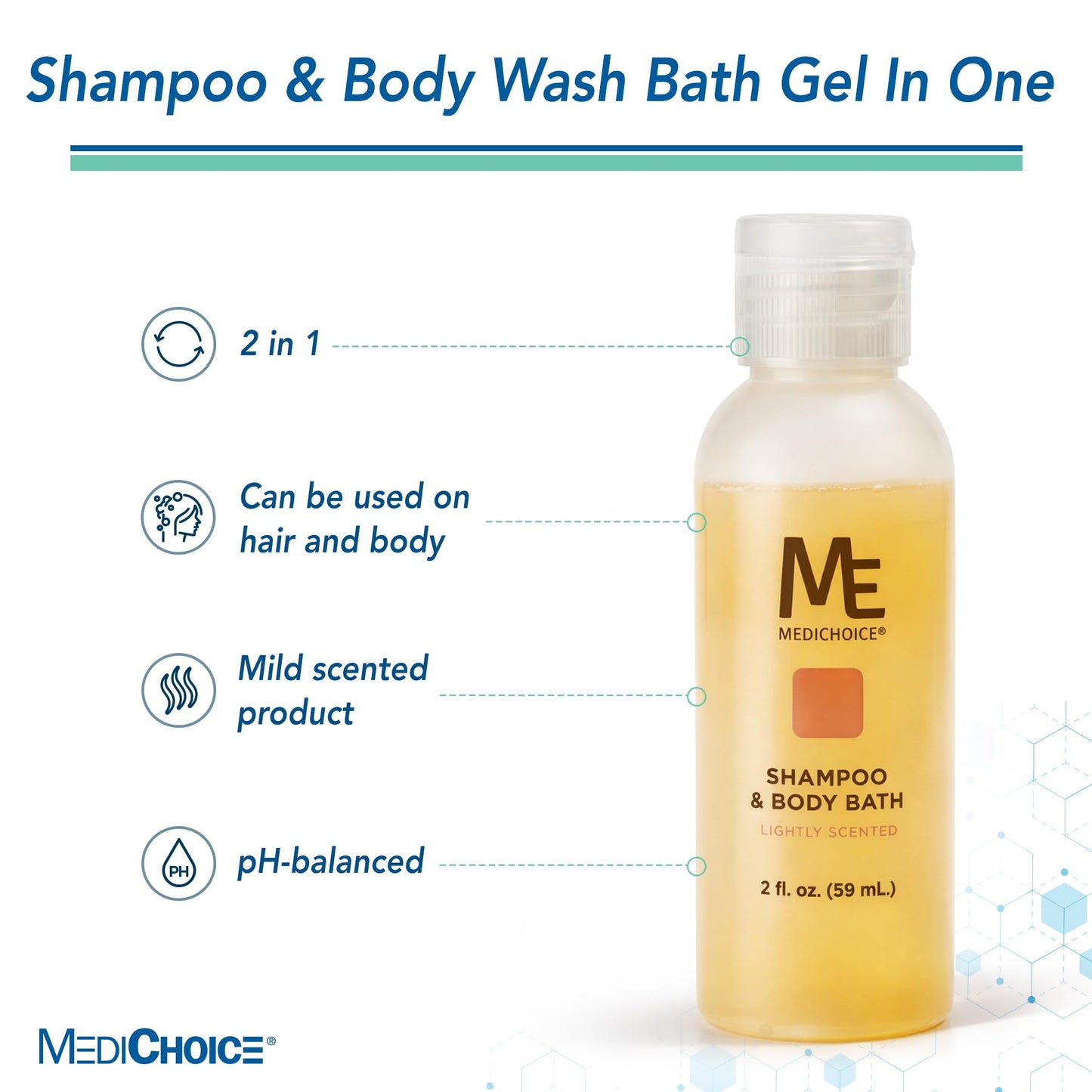 MediChoice Shampoo and Body Wash - 2 in 1 Bath Gel, 2 Oz Case of 144 - Mild Scent, Non Irritating, Flip Top Cap - Bulk Travel Size for Hotels, Travelers, Hospitals