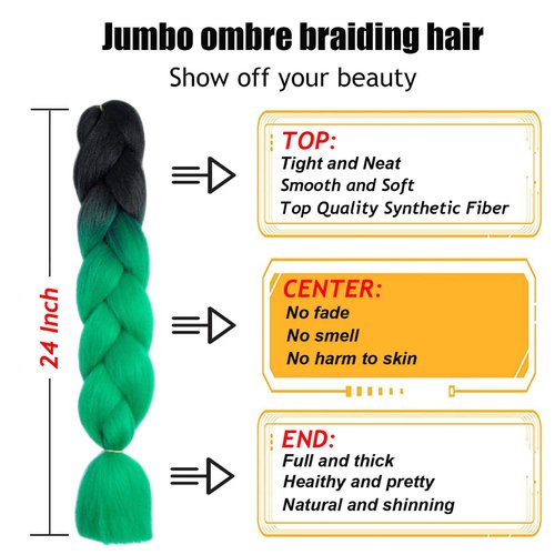 TENGSHUO FLY Black to Green Braiding Hair 6 Packs Synthetic Braid Hair Extensions Jumbo Ombre Braiding Hair 24 Inch or Box Braids Twist Crochet Braids(24"6Pack,Black to Green)