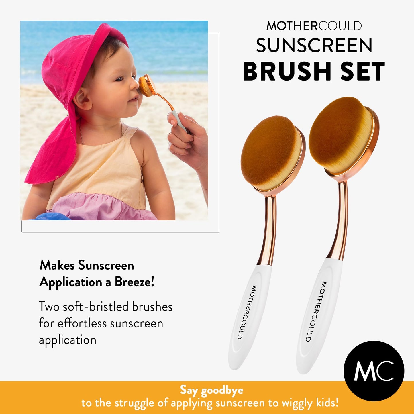Mothercould Sunscreen Brush Set - Lotion Applicator for Kids, Babies, Families, and Adults | Safe for Face & Body | Travel-Friendly Design with Protective Caps & Cleaning Mat (2 Pack) (White)