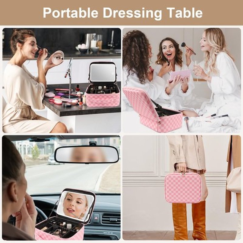 Makeup Bag with Lighted Mirror, Travel Make up Train Case with Adjustable Brightness Vanity Mirror and Detachable 10x Magnifying Mirror, PU Lether Cosmetics Organizer for Women (Pink Plaid)