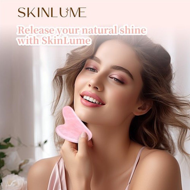 SkinLume Jade Roller Gua Sha Facial Tool - for Face Neck Eye Jawline, Reduce Puffiness and Tension, Gift Set for Men Woman 100% Natural Jade Stone (Pink)