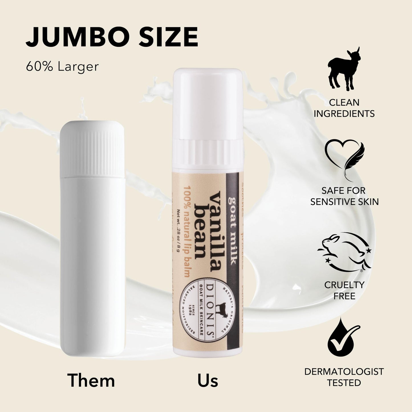 Dionis Goat Milk Jumbo Lip Balm - Moisturizing for Dry, Chapped, Lips, Conditioning with Beeswax, Shea Butter, Coconut Oil - Vanilla Bean 0.28oz (Pack of 3)