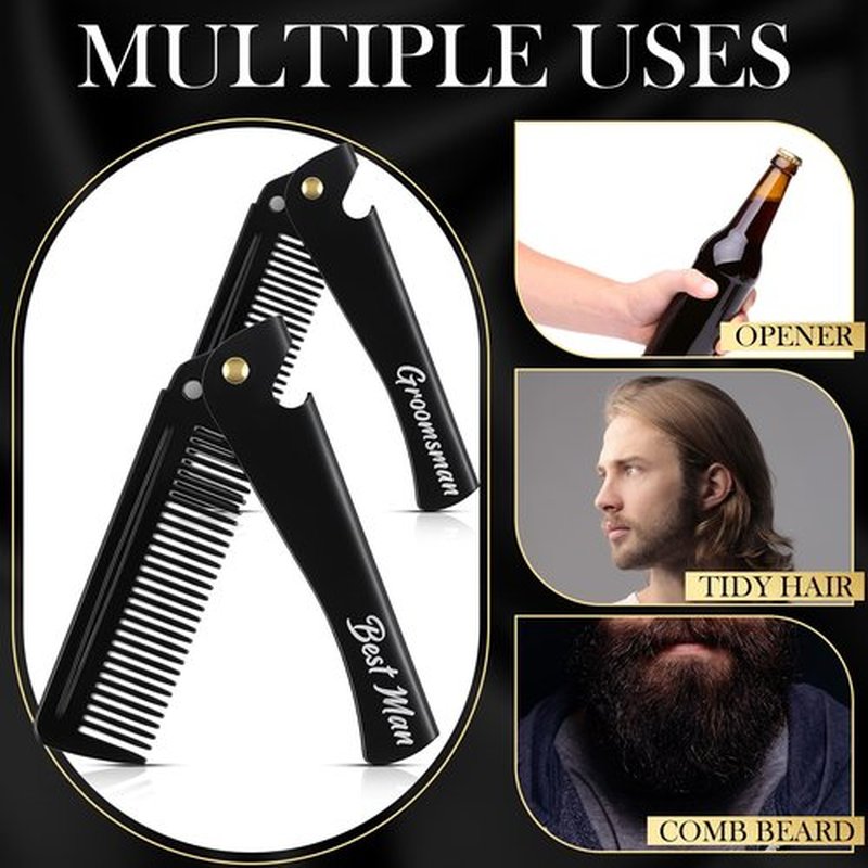 Lineshading 6 Pcs Folding Beard Comb for Men Groomsmen Gift Best Man Gift Pocket Combs Bulk Hair Mustache Comb for Grooming Detangling Wedding Favor Gift (Black,Stainless Steel)