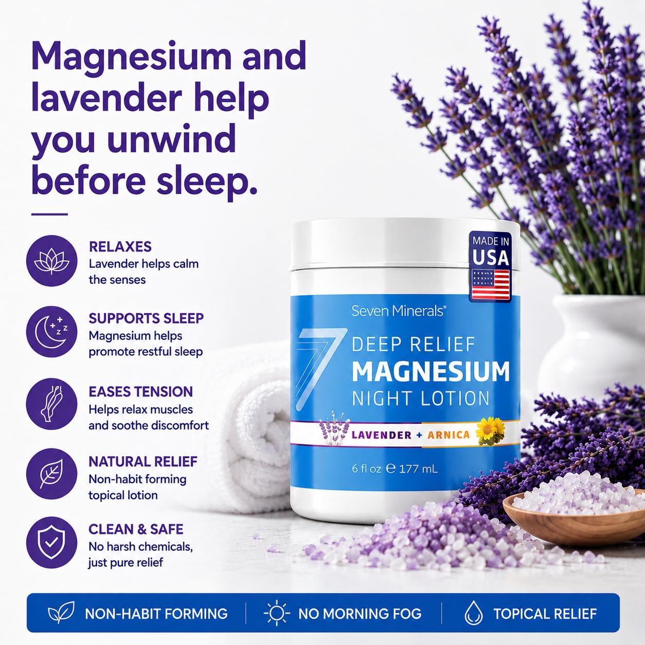 Seven Minerals Deep Relief Magnesium Night Lotion - Lavender + Arnica Cream for Deep Sleep & Muscle Relief - Calms Legs, Soothes Sore Back, Neck & Shoulders - USP Grade, Made in USA, 6 Fl Oz