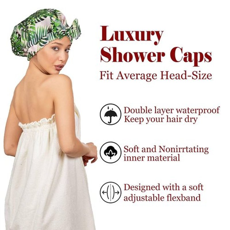 Luvruitaky Shower Cap Luxury Shower Caps for Women Reusable Waterproof Hair Cap for Shower with Adjustable Bowknot Hair Bath Cap (Green Palm)