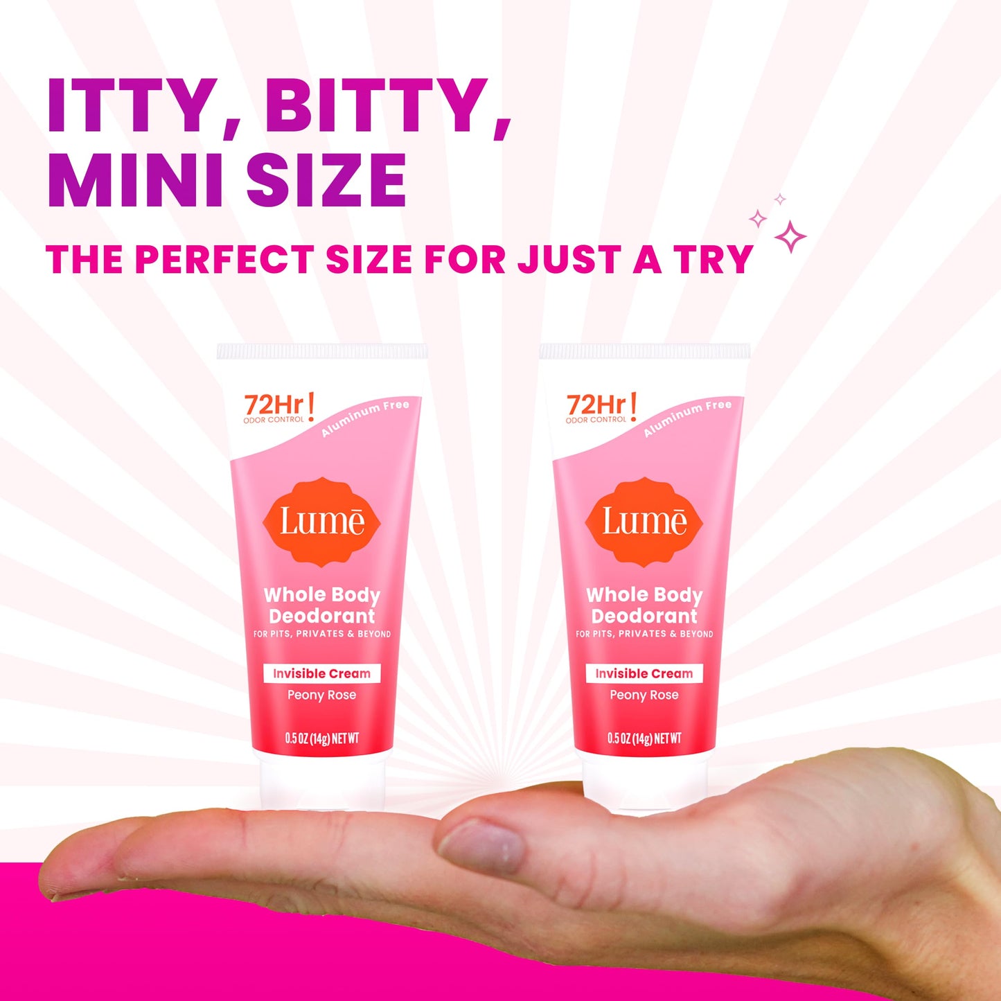 Lume Whole Body Deodorant - Mini Travel Size Invisible Cream Tube - Trial Size -72 Hour Odor Control - Doctor Developed - Aluminum Free, Baking Soda Free - .5oz (Pack of 2) (Peony Rose)