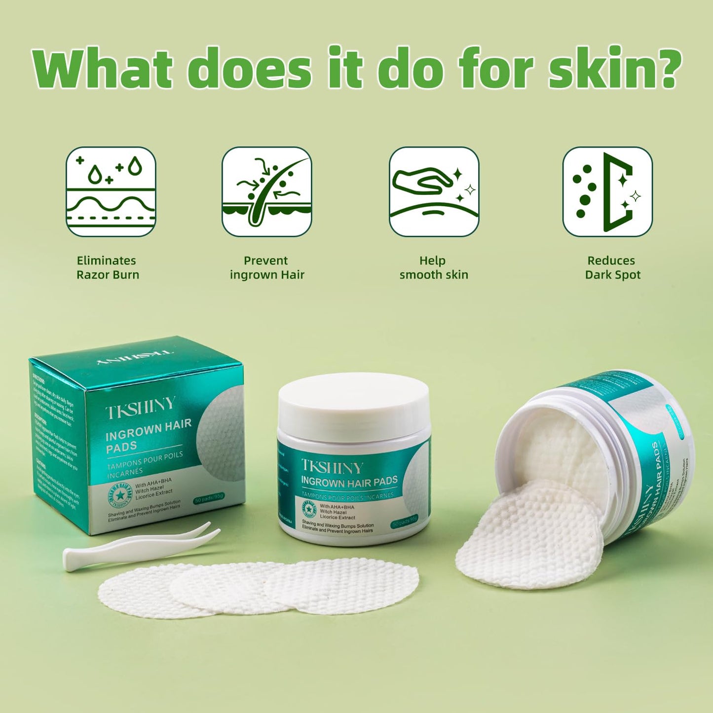 TKSHINY Ingrown Treatment Hair Pads, with AHA+BHA, Ingrown Hair Wipes For Bikini Area, Razor Bumps, Underarm , Exfoliate Skin,Ingrown Hair Serum for Face, Neck, 50 Pads