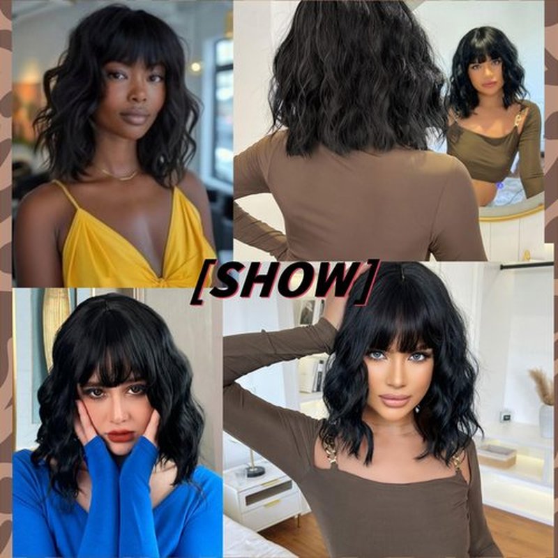 Allbell Black Wigs for Women Short Wavy Bob Wig with Bangs for Women Synthetic Short Curly Wave Wigs Heat Resistant Fiber Hair Wigs for Daily