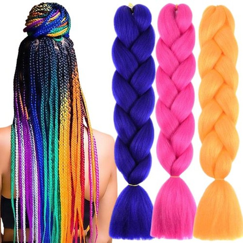 TENGSHUO FLY Rainbow Blue/Rose red/Orange Braiding Hair Extensions 6 Packs/24 Inch Synthetic Jumbo Ombre Box Braiding Hair for Women(24" 3Pack,Blue/Rose red/Orange)