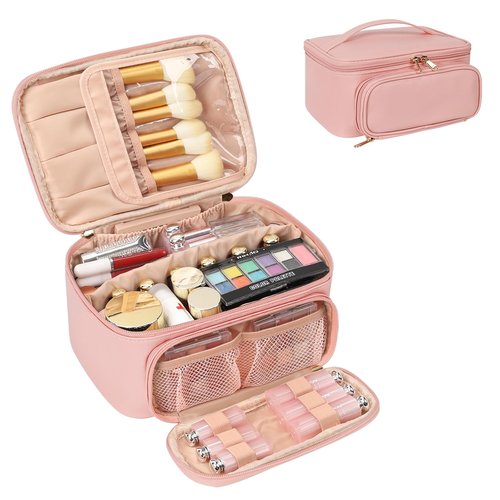 OCHEAL Makeup Bag, Multifunctional Make Up Bags Large Compact Makeup Bag Organizer Cosmetics Toiletry Brushes Storage Case for Women Girls Makeup Case with Handle Divider-Pink
