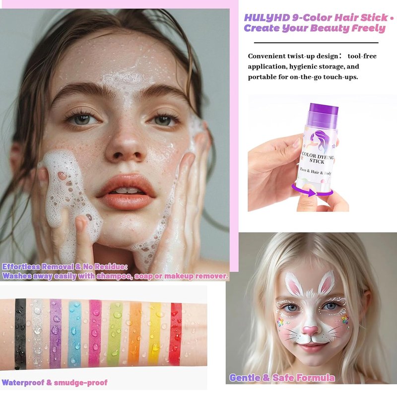 Temporary Hair Color Stick Set - Waterproof & Sweatproof Hair Chalk | Non-Sticky Washable Face & Body Paint (Red, Blue, Green, Purple)