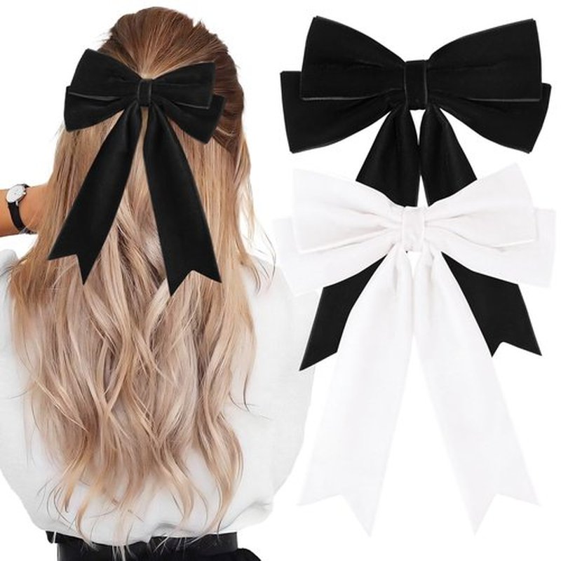 2PCS Velvet Bows Hair Clip Ribbon Black White Accessories Ponytail Holder Hair Bow for Women Girls Toddlers Teens Kids