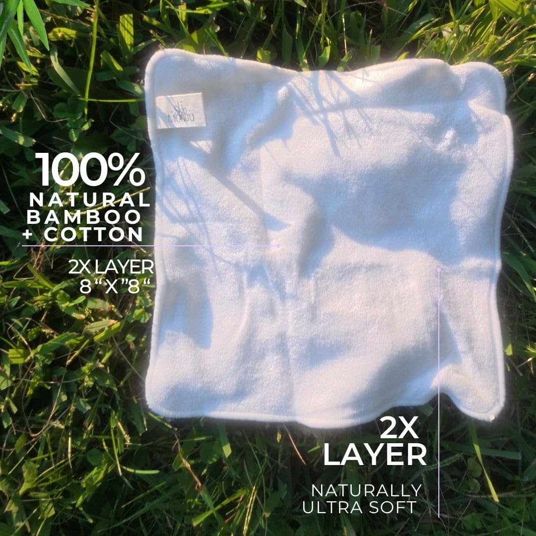 [SKIN MANTRA] Let Glow Bamboo + Cotton Reusable Makeup Remover Wipes – 2-Pack with Mesh Wash Bag – Double-Layer Soft Face Cloths for Makeup Removal, Daily Cleansing & Mask Removal