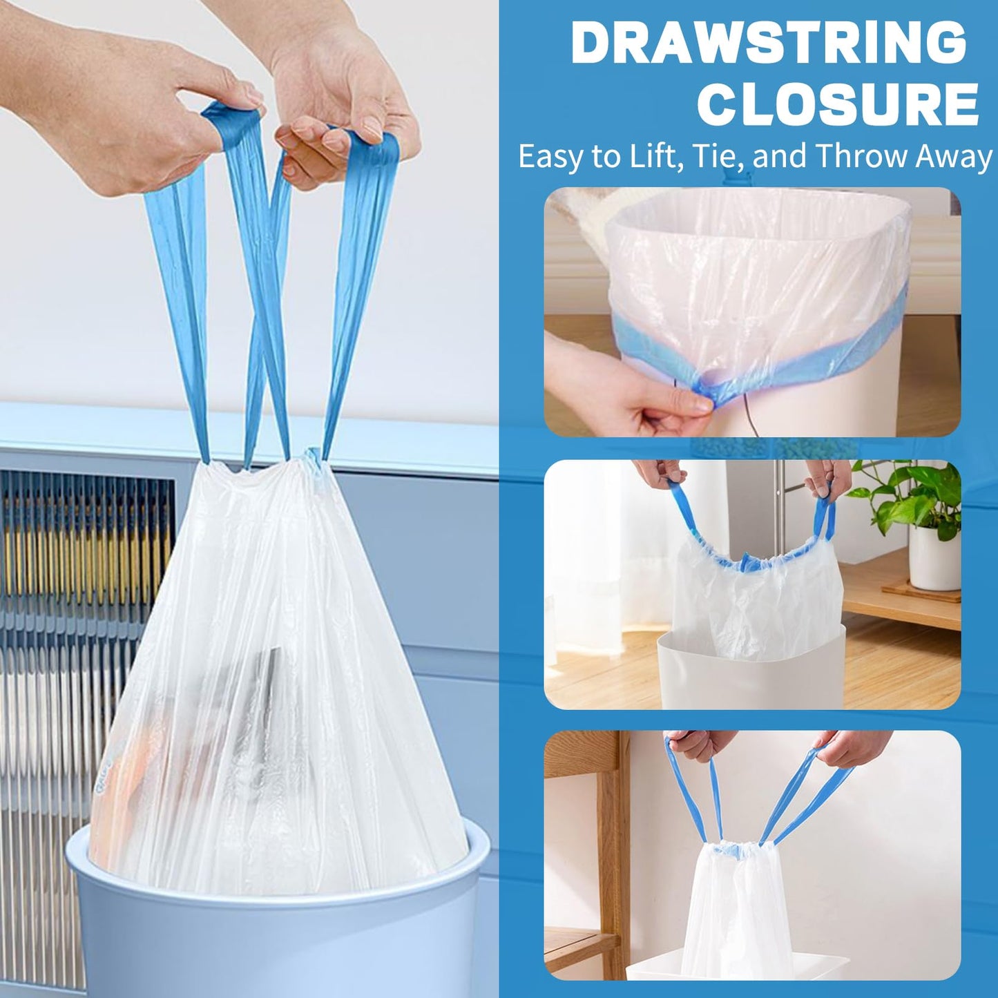 4 Gallon Trash Bags Drawstring, Small Trash Bags Tear-Free, 4 Gal Unscented White Small Garbage Bags, Separated Thick Plastic Wastebasket Liners for Toilet Home Office and Bedroom, 60 Count
