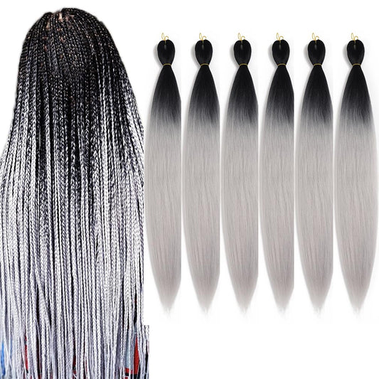 BALINGHAIR Pre-Stretched Braiding Hair Extensions High Temperature Braids Hair 28 Inch Ombre Black to Light Grey(B36-6Packs)