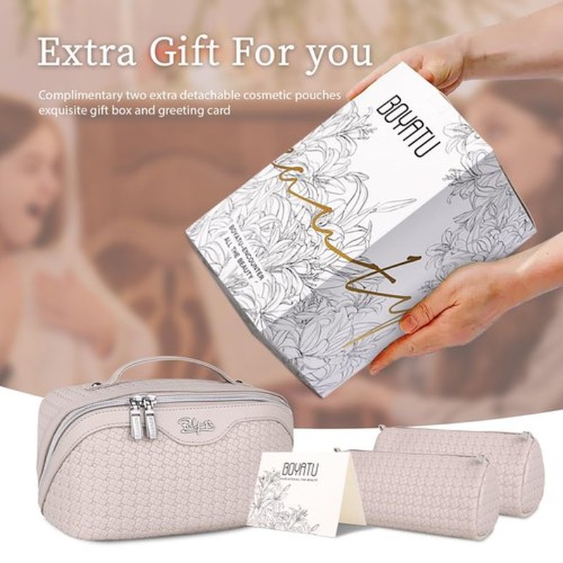 Travel Makeup Bags Cosmetic Organizer Bag: Large Capacity Make up Bag Set of 3 - Vegan Leather Woven Toiletry Bag for Women - Portable Makeup Organizer with Compartments & Handle & Divider Beige