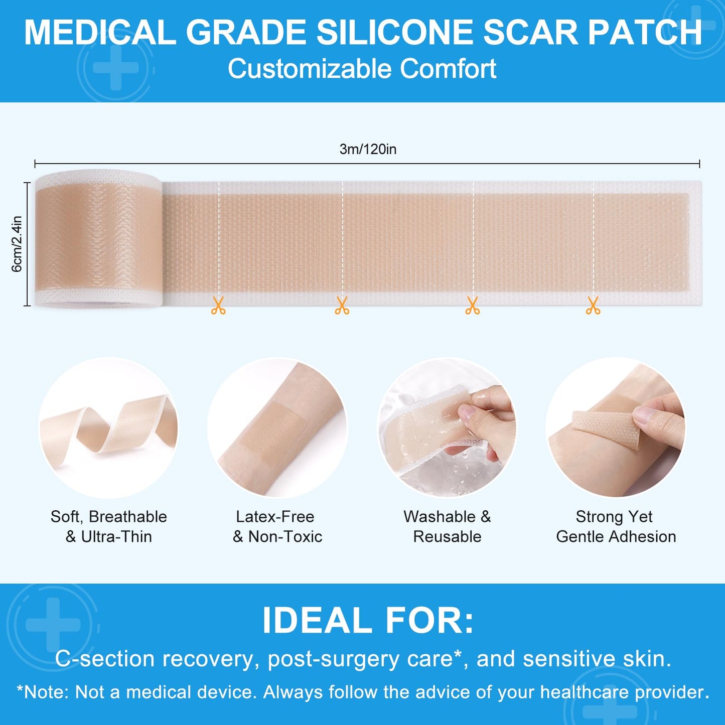 Silicone Scar Sheets, (1.6"X120" Roll-3M) Silicone Scar Tape, Scar Tape for Surgical Scars, Medical Grade Scar Tape with Collagen,For Surgical,C-Section,Tummy Tuck,Keloid Scars, Keloid Bump Removal
