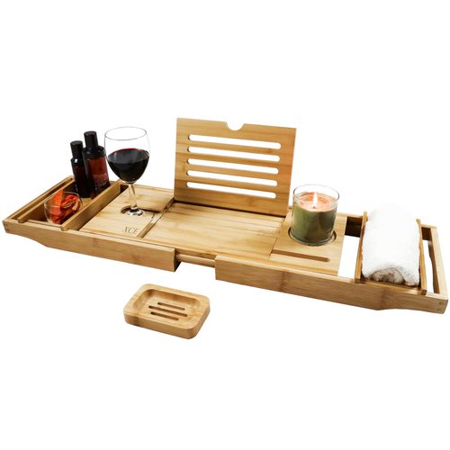 XcE Bathtub Caddy Tray (Natural)- Bamboo Wood Bath Tray and Bath Caddy for a Home Spa Experience