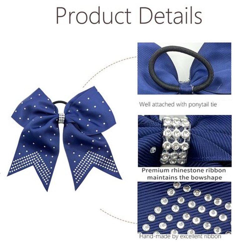 Hipcheer 12PCS 8" Rhinestones Large Cheer Hair Bows for Girls, Hand-made Grosgrain Ribbon Hair Accessories for Teen Girls Softball Cheerleader Sport (Navy)