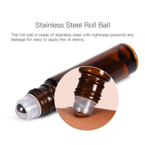 ULG Roll on Bottles 10ml Amber Glass Empty Bottles 8 Piece with Stainless Steel Roller Ball 2 Extra Balls 8 Piece Waterproof Labels 1 Opener and 3ml Dropper for Essential Oils
