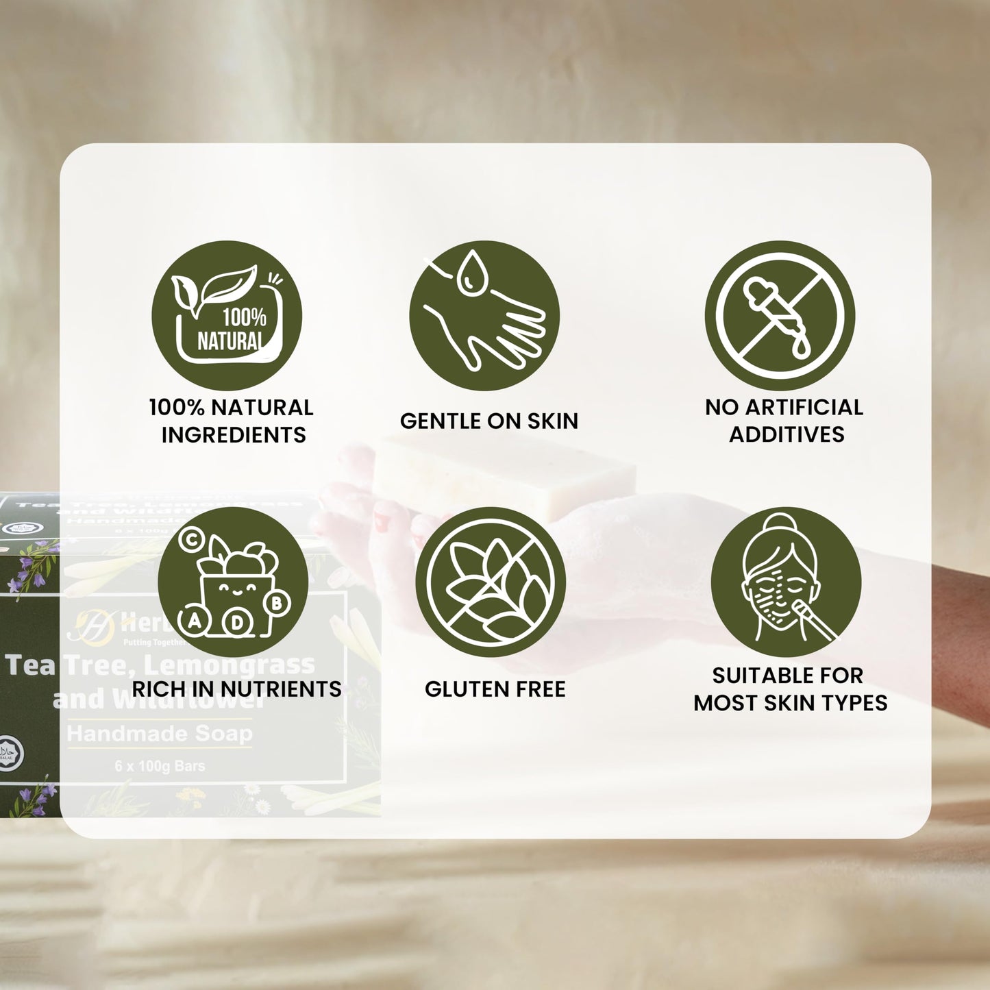 HERBOGANIC Tea Tree, Lemongrass & Wildflower Handmade Soap - Natural, Moisturizing Soap Bar for Soft and Smooth Skin with a Spa-Like Experience Pack of 1 (100g)