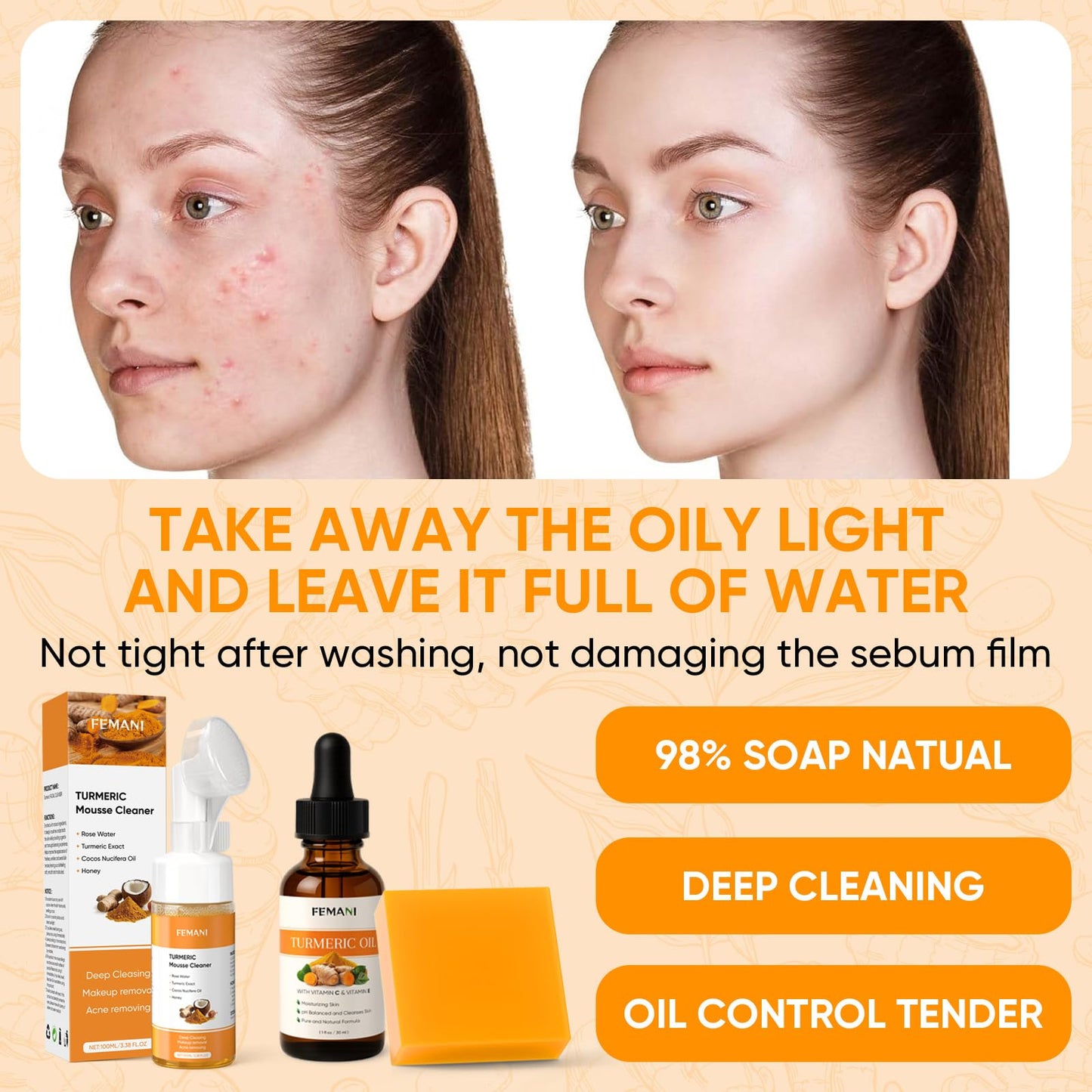 Turmeric Face Wash Set, Turmeric Facial Cleanser & Turmeric Soap Bar & Oil for Face & Body Suit to All Skin Type, Protect Sensitive Skin Improve Skin Condition Soothing Irritation