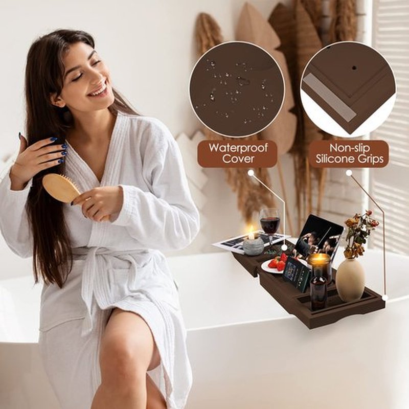 Foldable Bathtub Caddy Tray, Bamboo Bath Tub Tray Table for Tub with Wine Glass Holder Book Phone Tablet Holder with Extending Sides, Adjustable Bathroom Bathtub Free Soap Holder Gift Idea (Brown)