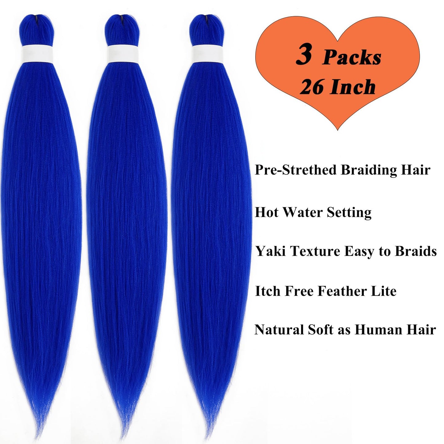 Blue Braiding Hair Pre Stretched Prestretched Braiding Hair 26 inch Long Kids Braiding Hair Extensions for Braiding Box Micro Braids Synthetic Clean Therapy Knotless Braiding Hair (Blue 3packs)