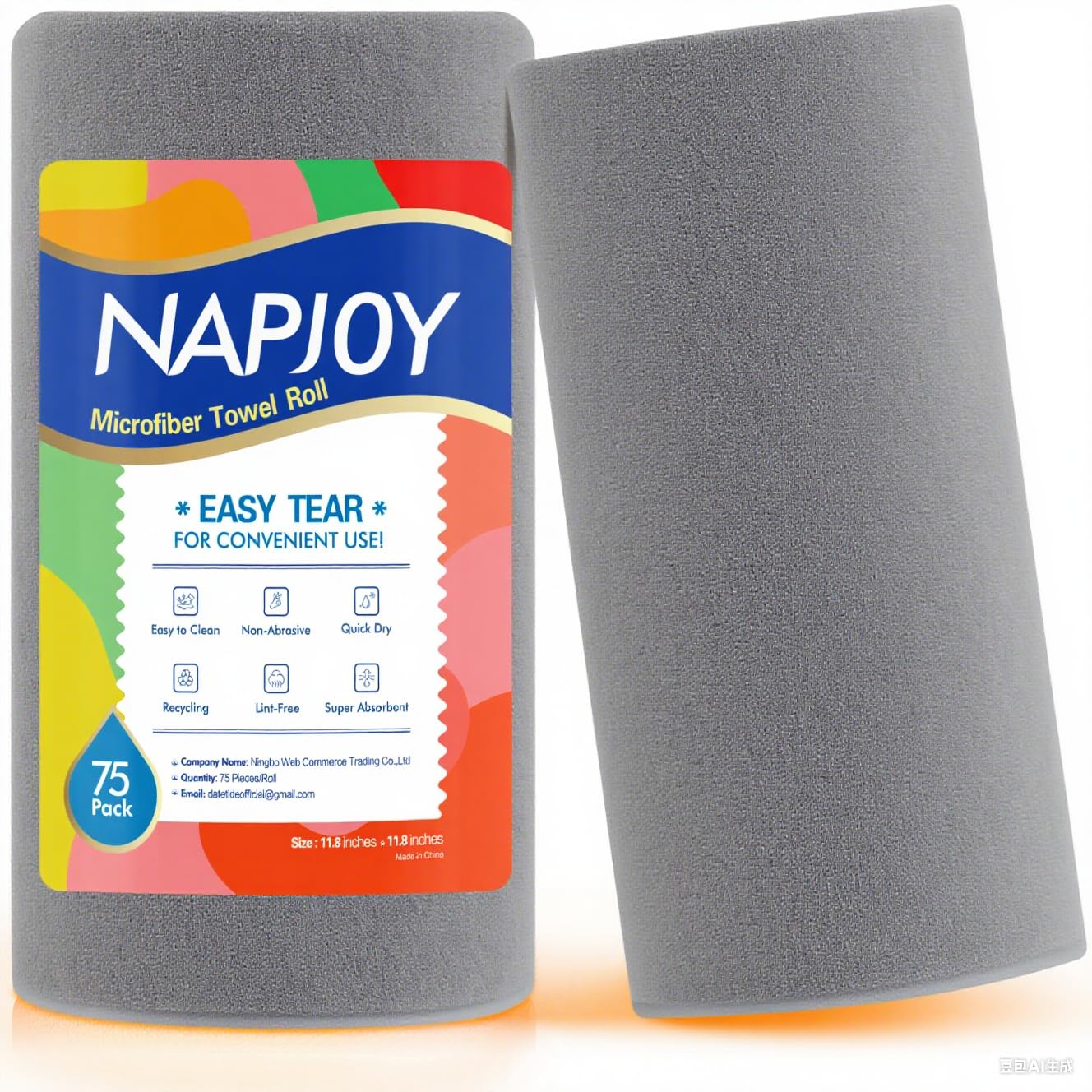 Napjoy Microfiber Cleaning Cloth Roll, 75PK Easy Tear Away Reusable Paper Towels, 12" x 12", Lint-Free and Scratch-Free with Patented Fiber Technology Microfiber Towel Roll, Grey