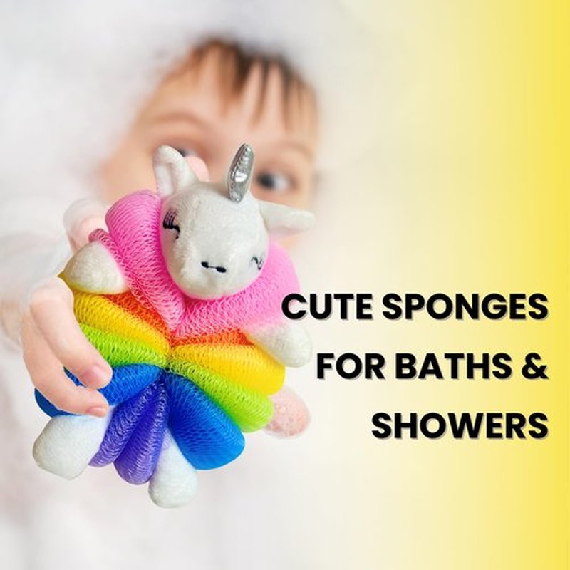 Cute Bath Sponge for Kids - Toddler Bath Scrubber, Mesh Body Pouf, Gentle Shower Sponges, Holiday Stocking Stuffer for Boys or Girls