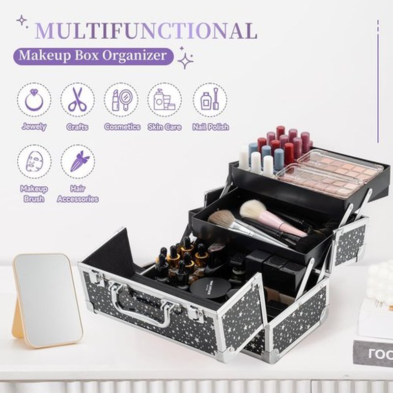 Leeora&Leekoo Makeup Train Case Cosmetic Box Portable Makeup Case Organizer 2 Trays Makeup Storage with Mirror for Cosmetologist Aesthetic Supplies Nail Tech Traveling Makeup Box (Flashing Star)