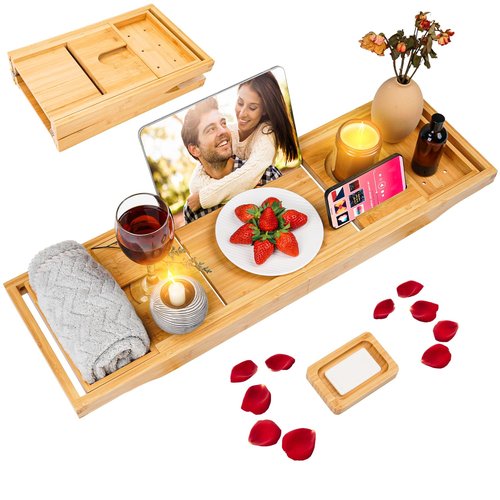 Foldable Bathtub Caddy Tray, Bamboo Bath Tub Tray Table for Tub with Wine Glass Holder Book Phone Tablet Holder with Extending Sides, Adjustable Bathroom Bathtub Free Soap Holder Gift Idea (Beige)