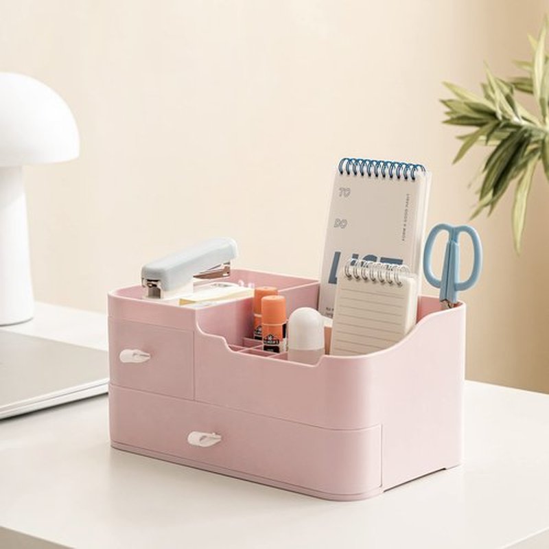 HBlife Plastic Makeup Organizer for Vanity with 2 Drawers Large Skincare Organizers 8 Compartments Bathroom Organizer Cosmetic Storage, Pink