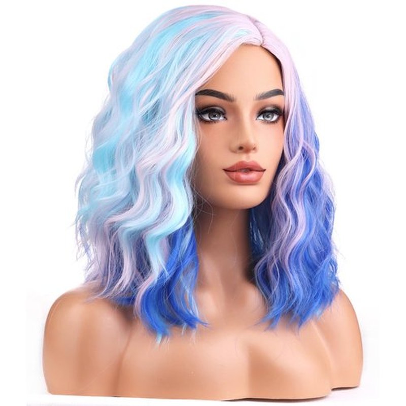 BERON Pink and Blue Wigs for Womens Short Curly Wavy Wig Girls Colorful Side Part Wigs Shoulder Length Heat Resistant Synthetic Cosplay Party or Daily Used Wigs