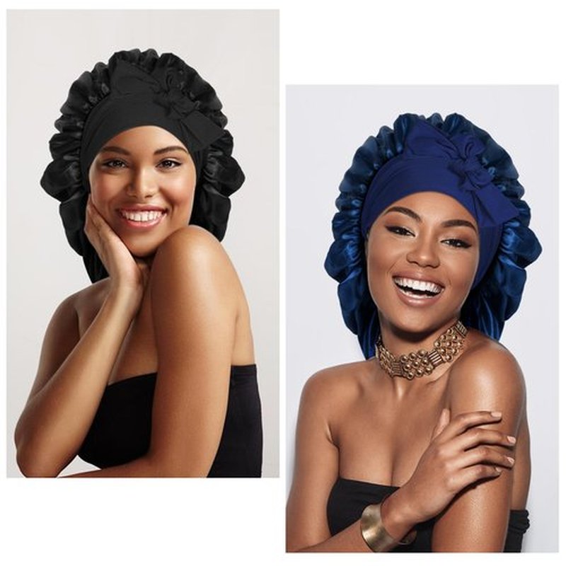Arqumi 2 Pcs Satin Silk Bonnet for Sleeping Women, Large Long Strap Tie Band Adjustable Sleep Night Cap Hair Bonnet Wrap for Men, Black+Navy Blue