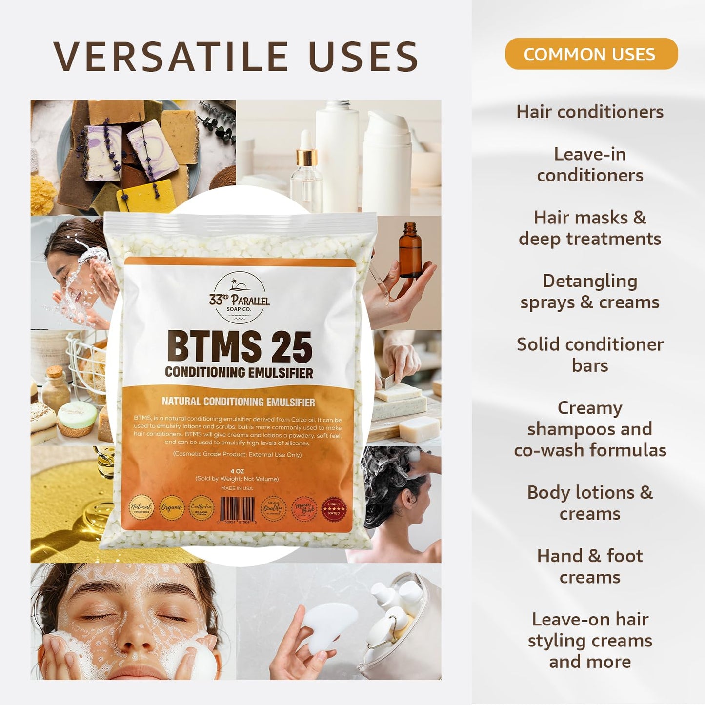 33RD PARALLEL | BTMS 25 (5 lbs / 80 oz) Bulk Conditioning Emulsifier | Behentrimonium Methosulfate Cetearyl Alcohol Emulsifying Conditioner | (5 POUNDS)